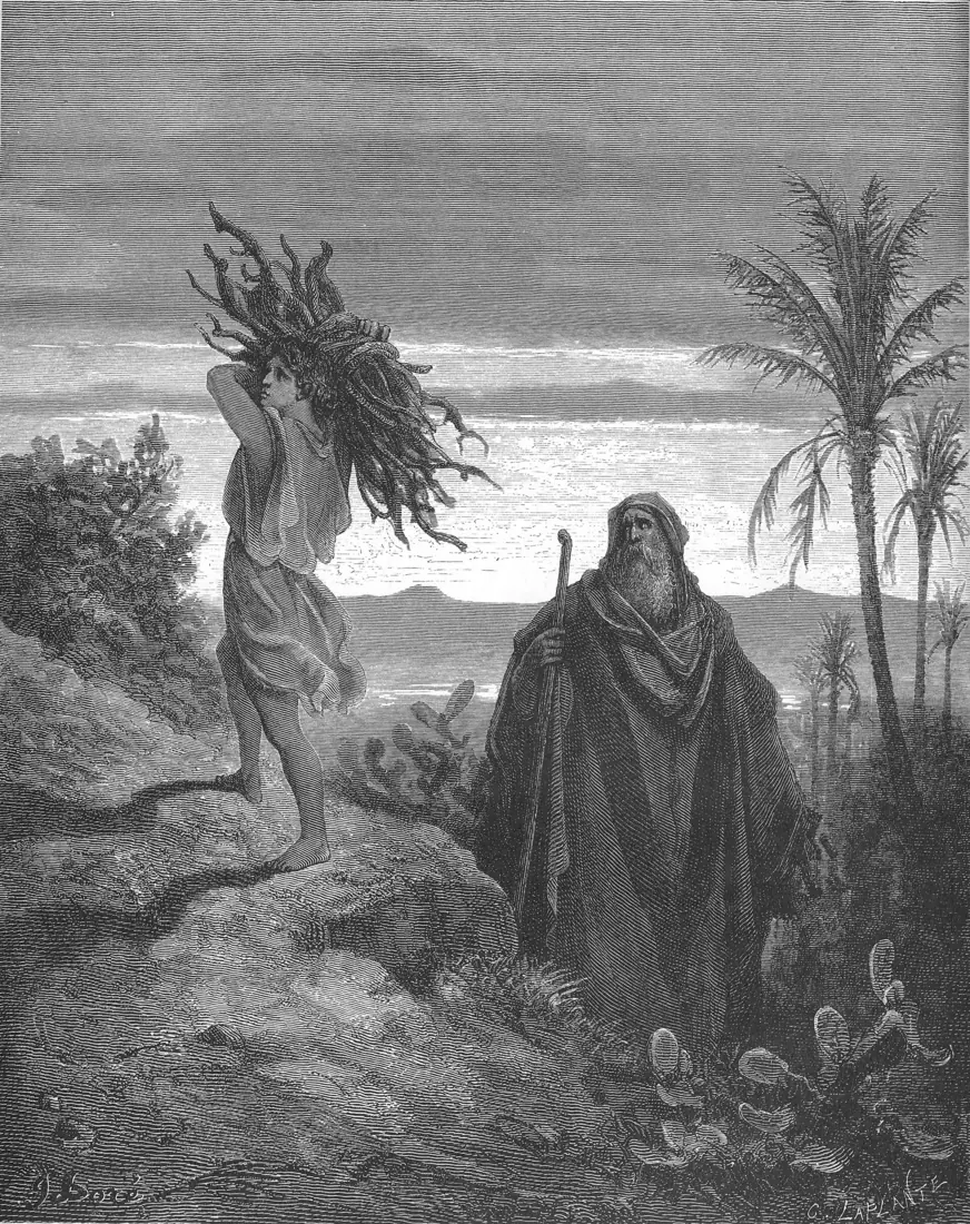 Gustave Dor&eacute;'s engraving: Isaac climbing the mountain carrying the bundle of wood on his shoulders, with Abraham walking behind him carrying the fire, palms and hills beyond.