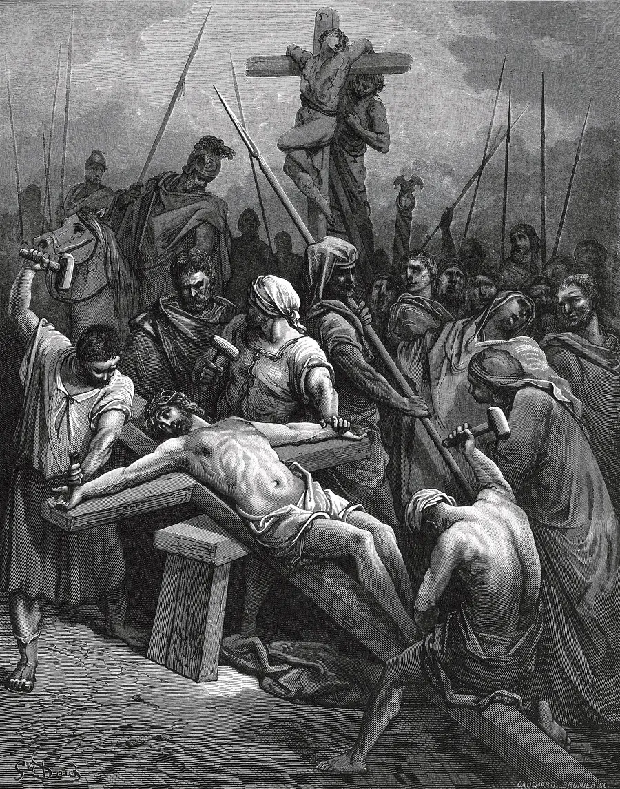 Gustave Dor&eacute;'s engraving of the crucifixion: three crosses on a hill against a dark sky, a crowd gathered below.