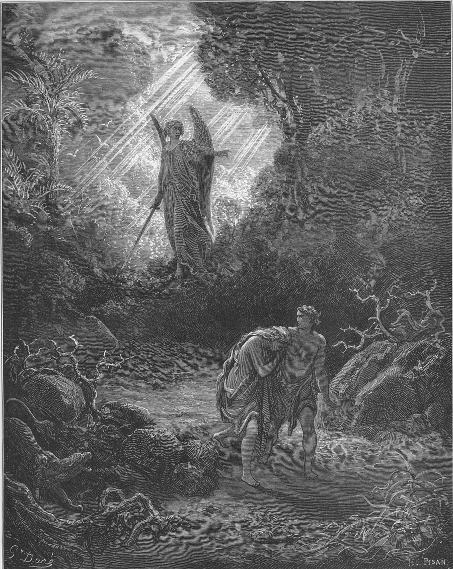 Gustave Dor&eacute;'s engraving: Adam and Eve driven from the garden, an angel with a sword behind them, the gate closing at their backs.