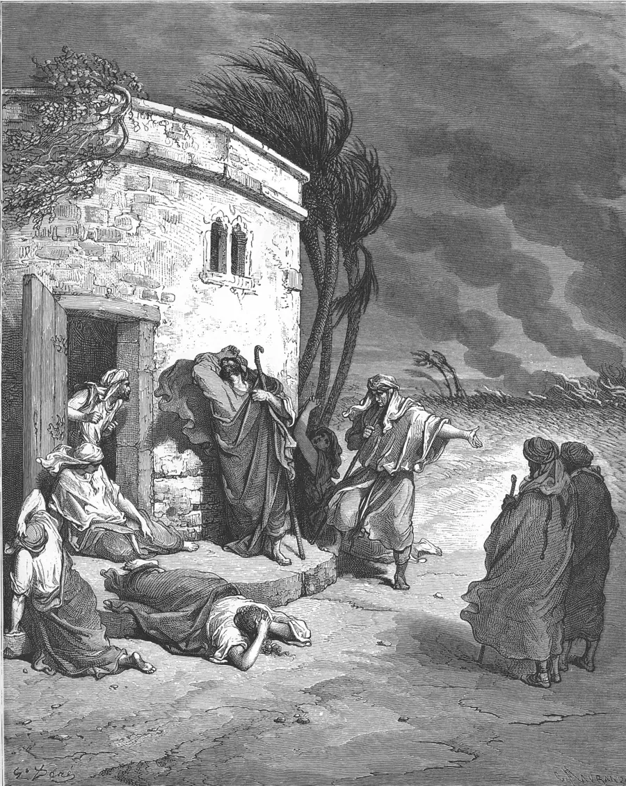 Gustave Dor&eacute;'s engraving: Job seated, head bowed, as a messenger arrives to tell him of the disasters that have struck his household.