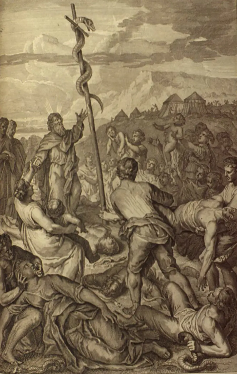 An engraving of Moses raising the bronze serpent on a pole in the wilderness, with the stricken Israelites looking toward it.